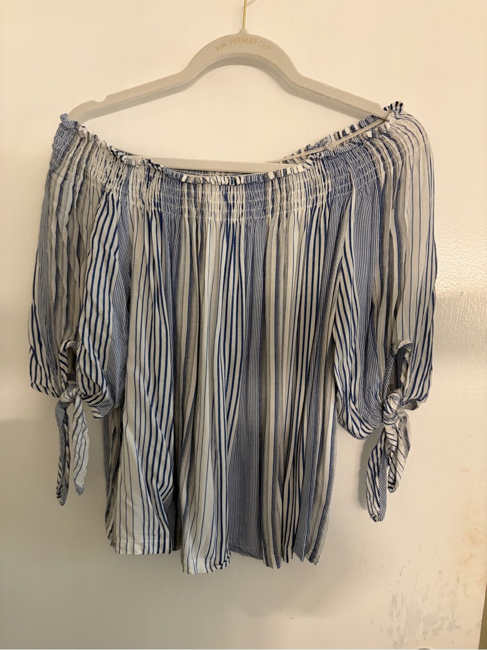 Striped Blue & White Off-Shoulder Tie-Sleeve Blouse